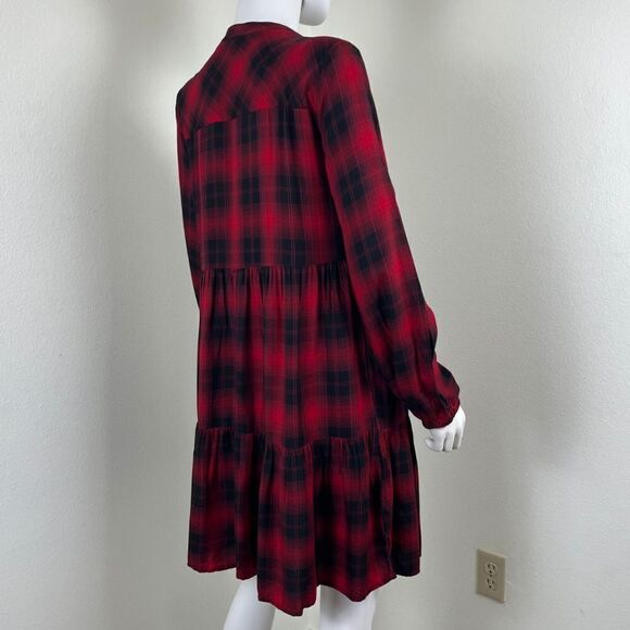 Knox Rose Womens Size M Red Plaid Long Sleeve Tiered Button Down Mini Dress - Picture 10 of 13